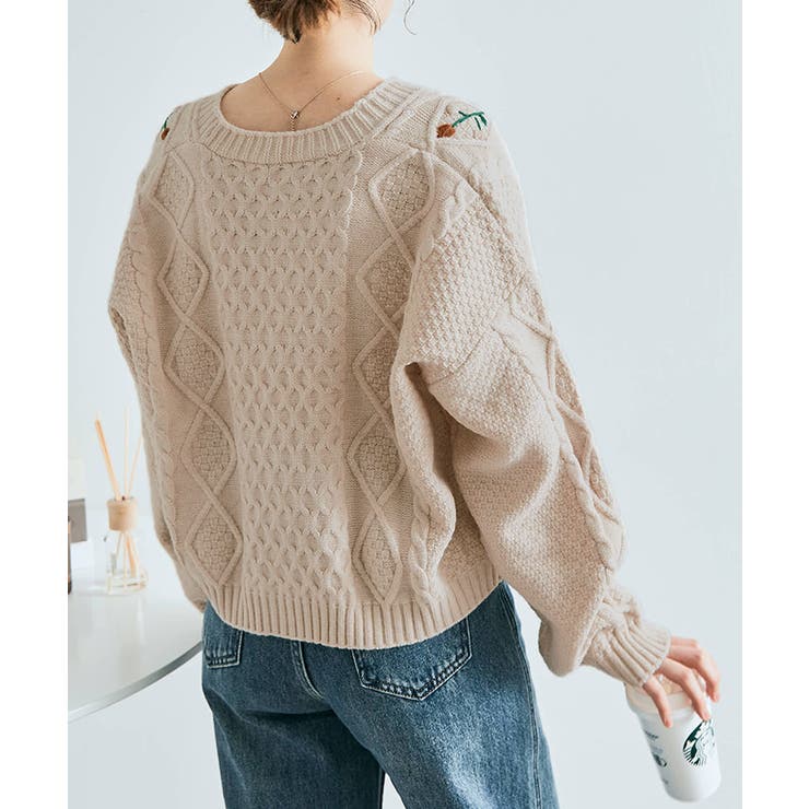 花刺繍ケーブルニットカーディガン トップス ケーブルニット