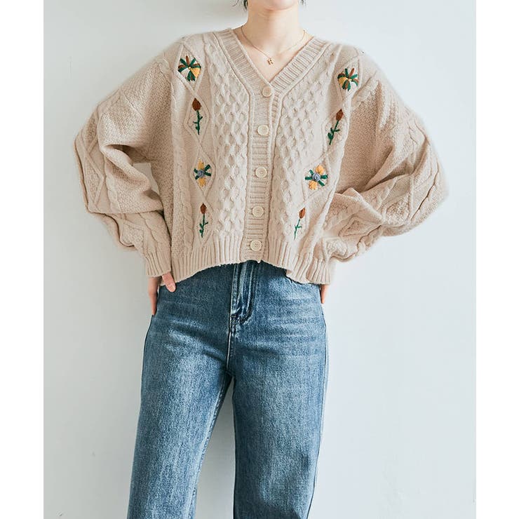 花刺繍ケーブルニットカーディガン トップス ケーブルニット