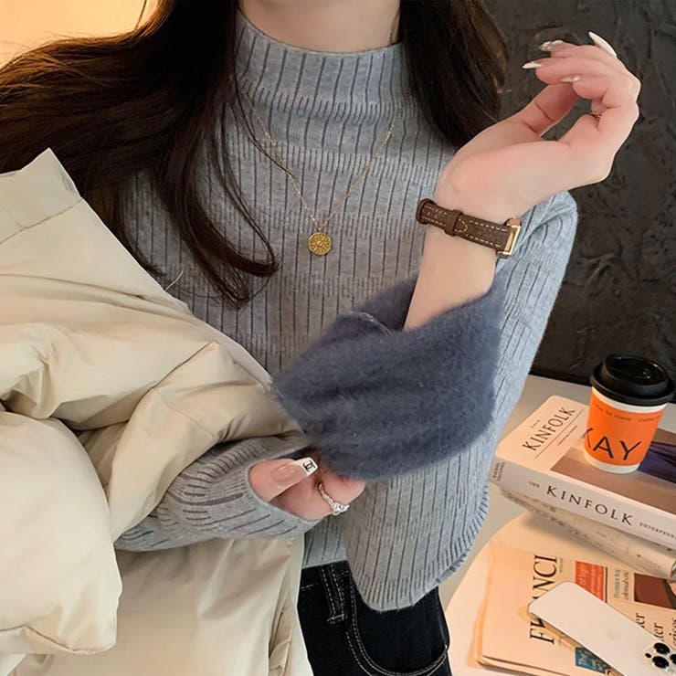 グレー | 裏起毛ハイネックミックスリブニット トップス 裏起毛ニット | kirakiraShop 