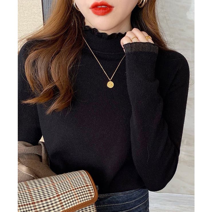 ブラック | 【SHOPLIST限定】ハイネックフリルニットトップス トップス ロンＴ | kirakiraShop 