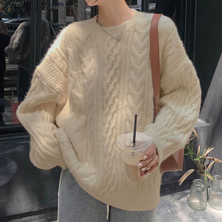 ライトベージュ | モックネックケーブルニットセーター トップス ケーブル | kirakiraShop 