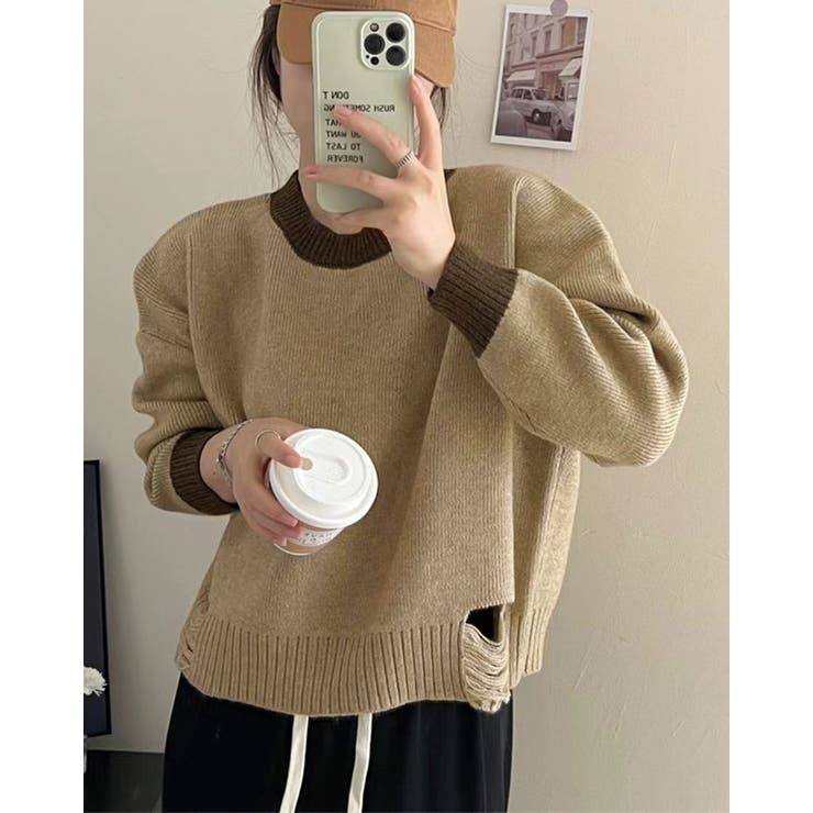 裾ダメージ配色クルーネックニット ニット ダメージ[品番