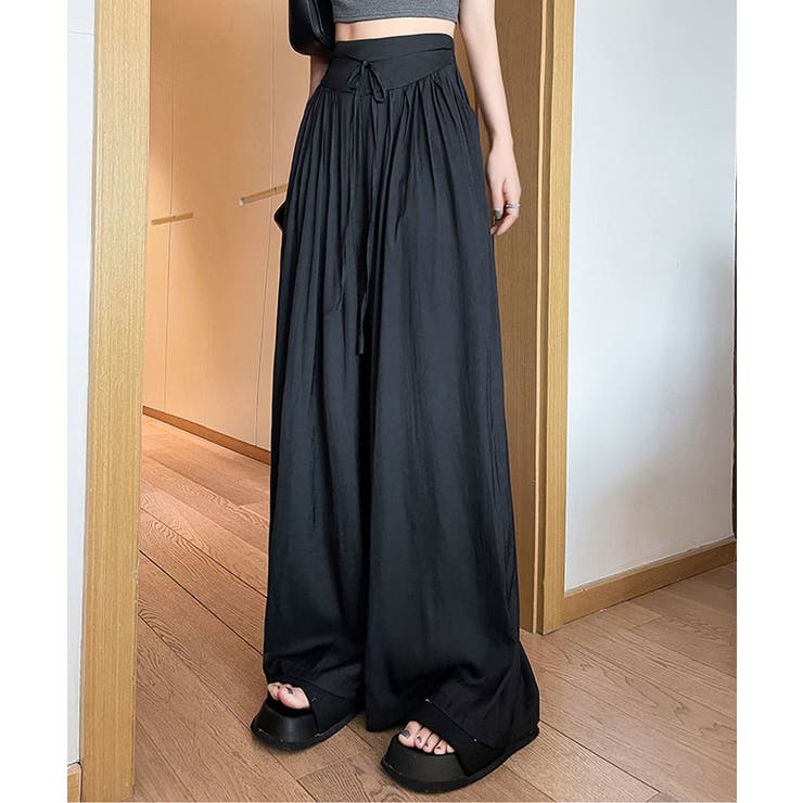 ウエストリボンサテンワイドパンツ 4サイズ リラックス[品番