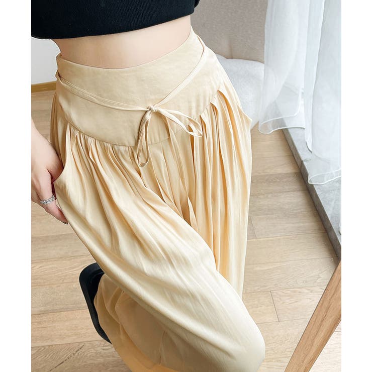 ウエストリボンサテンワイドパンツ 4サイズ リラックス[品番