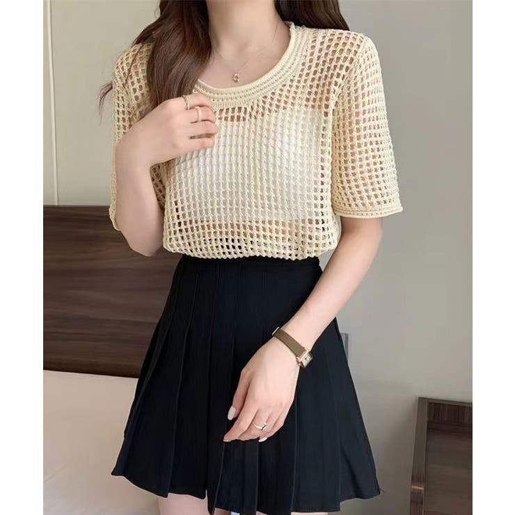 メッシュニットハーフスリーブトップス メッシュトップス かぎ針編み