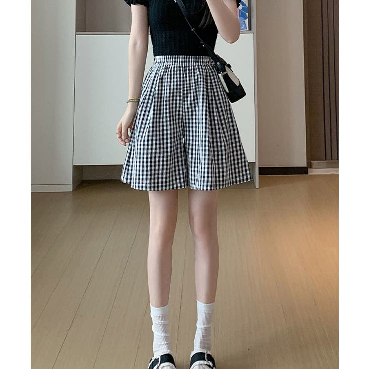 ポケット付きタック入りギンガムチェックストレッチスリムパンツ