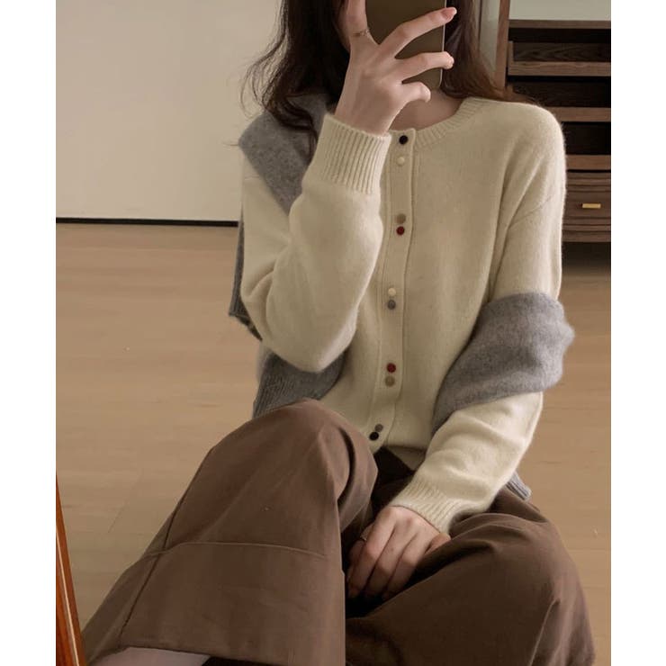 配色ボタンモヘアニットカーディガン トップス カーディガン