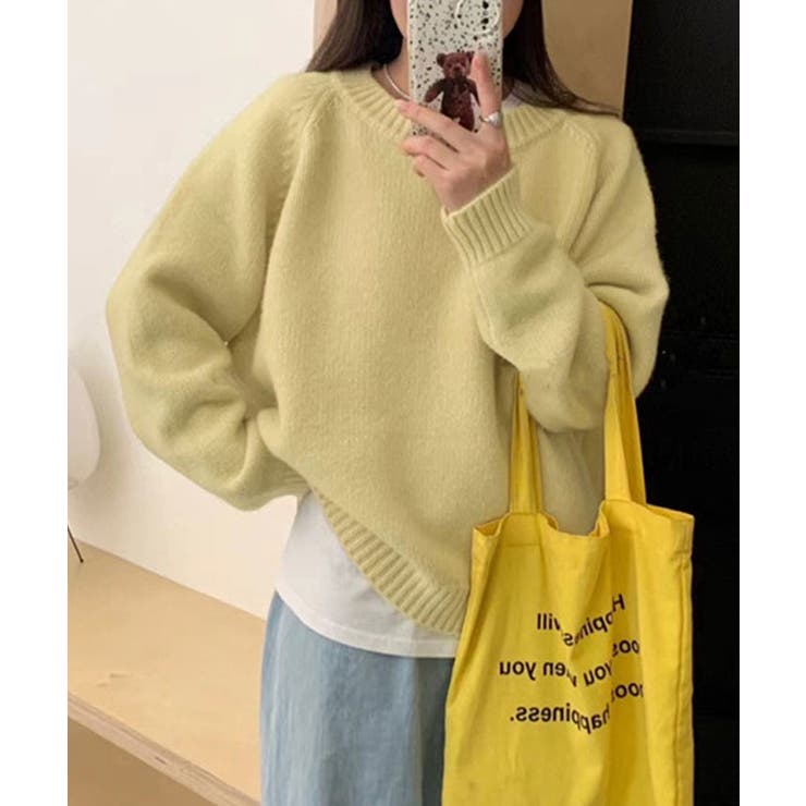 イエロー | レザーパッチラグランスリーブニット トップス ニット | kirakiraShop 