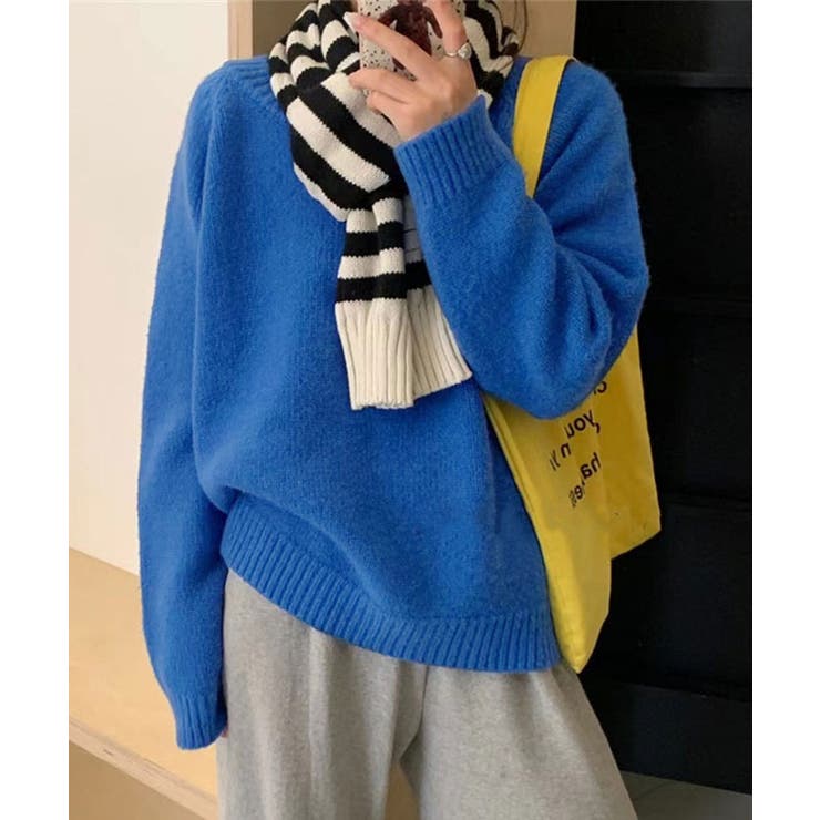 ブルー | レザーパッチラグランスリーブニット トップス ニット | kirakiraShop 