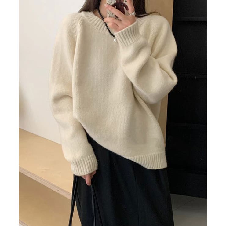 レザーパッチラグランスリーブニット トップス ニット[品番