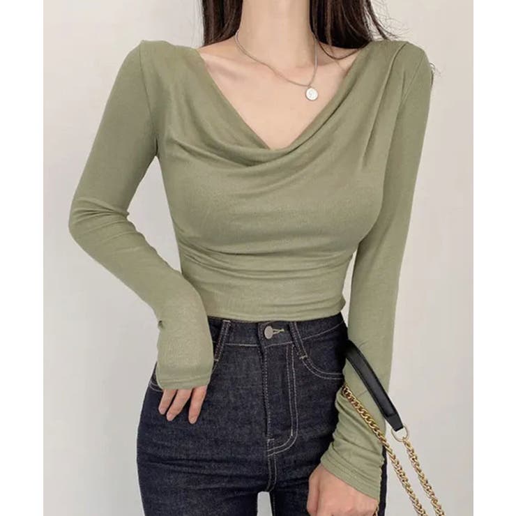 カーキ | 【SHOPLIST限定】ネックドレープロングスリーブカットソー トップス ソフト… | kirakiraShop 