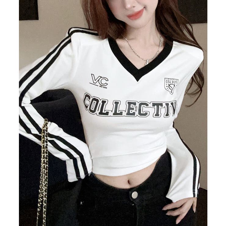 VネックコンパクトロングTシャツ トップス ロンT[品番