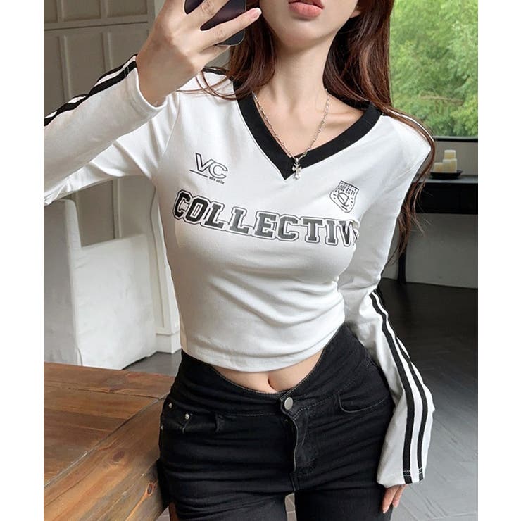 コリアグランドセール 2025 VネックコンパクトロングTシャツ トップス ロンT[品番 トップス