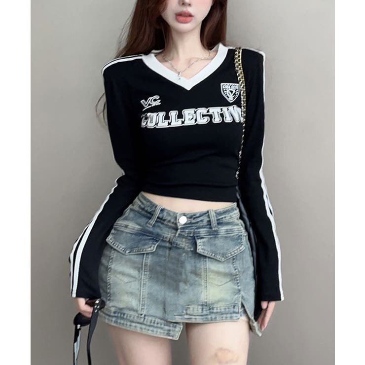 VネックコンパクトロングTシャツ トップス ロンT[品番