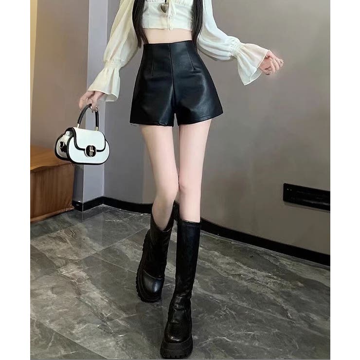 【ふるさと割】 ハイウエストフェイクレザーショートパンツ フェイク ボトムス パンツ