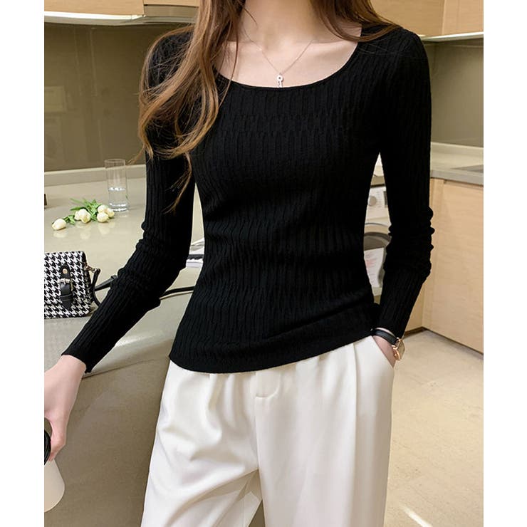 ブラック | 【SHOPLIST限定】3DコードヤーンUネックニットトップス トップス ニット | kirakiraShop 