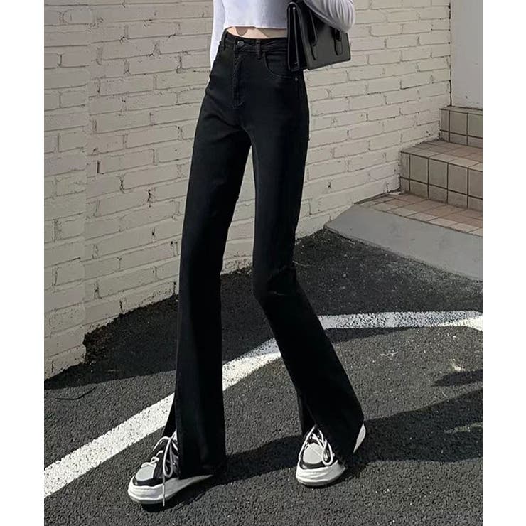 お得な情報満載 ハイウエストブーツカットブラックデニム ボトムス デニム[品番 パンツ