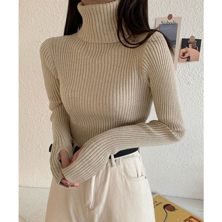 モカ | サムホール付きタートルネックニットトップス トップス リブニット | kirakiraShop 