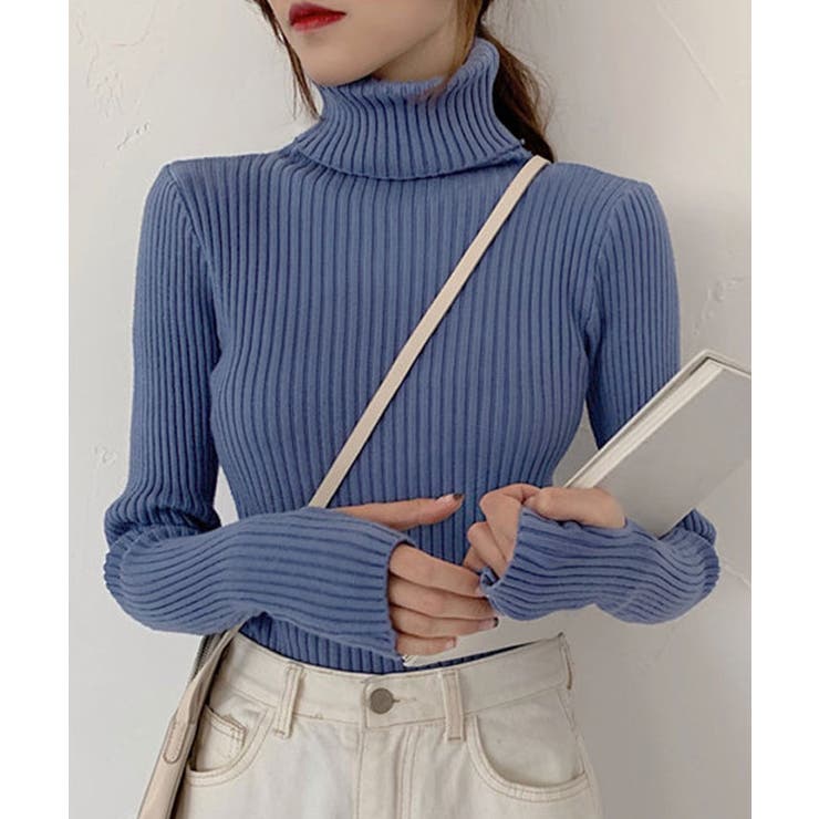 ブルー | サムホール付きタートルネックニットトップス トップス リブニット | kirakiraShop 
