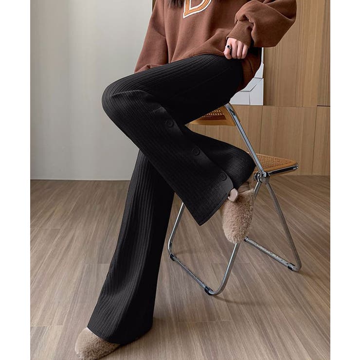 ブラック | サイドスリットリブニットパンツ ボトムス リブニット | kirakiraShop 