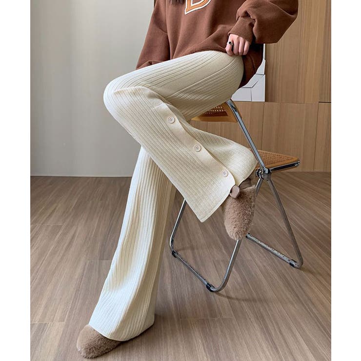 オフホワイト | サイドスリットリブニットパンツ ボトムス リブニット | kirakiraShop 