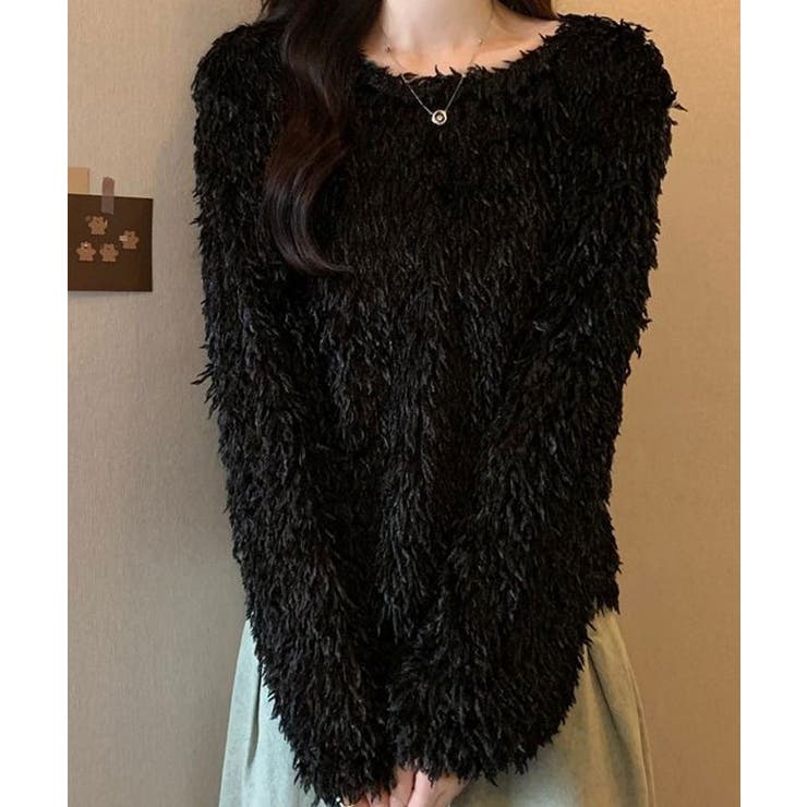 ブラック | フェザーフリンジボリュームニットトップス トップス ニット | kirakiraShop 