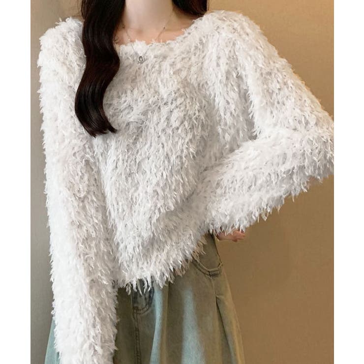 ホワイト | フェザーフリンジボリュームニットトップス トップス ニット | kirakiraShop 