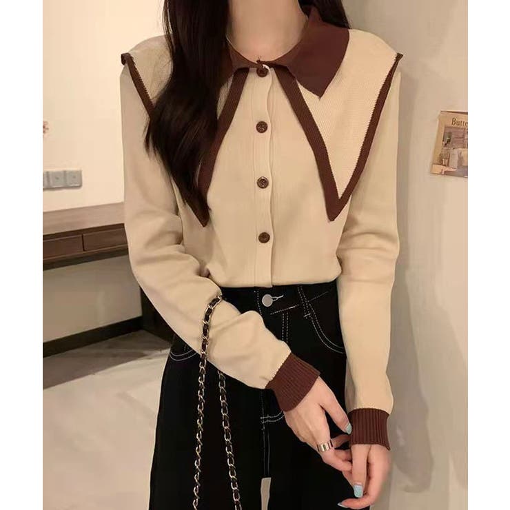 ビッグカラー配色ニットブラウス カーディガン 羽織り | kirakiraShop  | 詳細画像8 