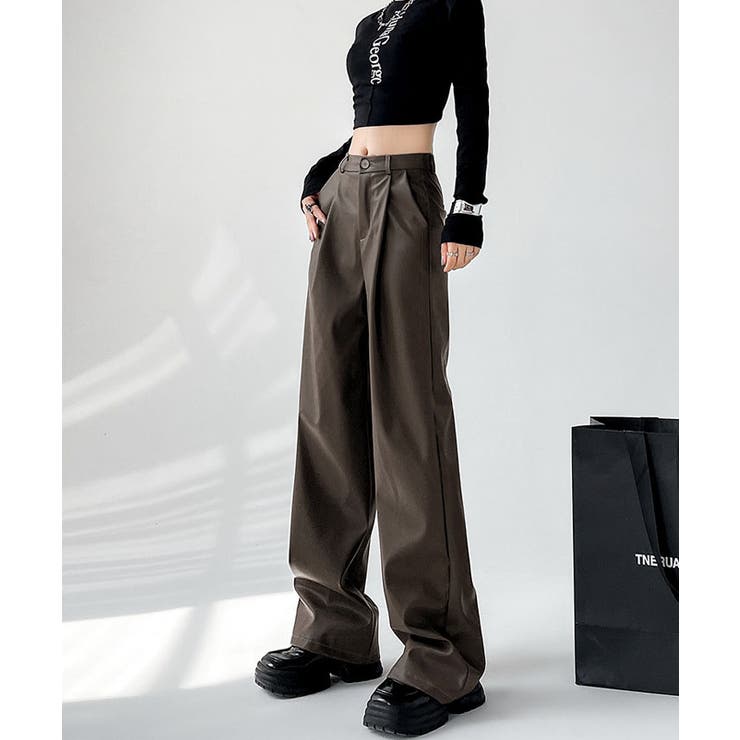フェイクレザーストレートワイドレッグパンツ 3サイズ ボトムス