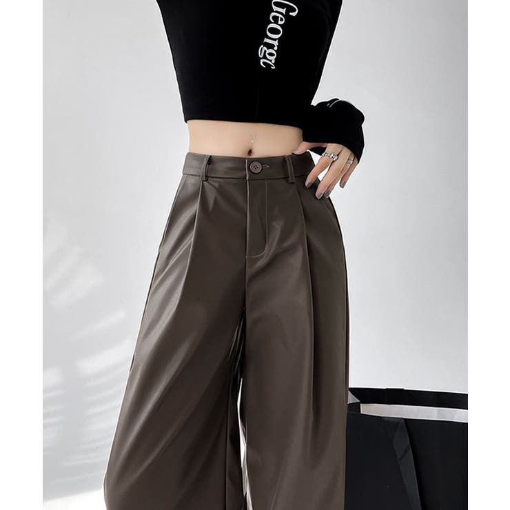 フェイクレザーストレートワイドレッグパンツ 3サイズ ボトムス