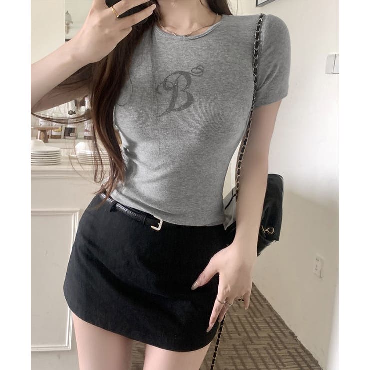 グレー | ラメストーンデザインTシャツ トップス フィット | kirakiraShop 