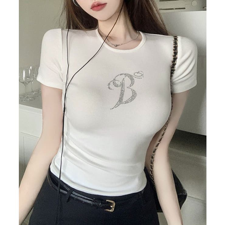 ラメストーンデザインTシャツ トップス フィット[品番