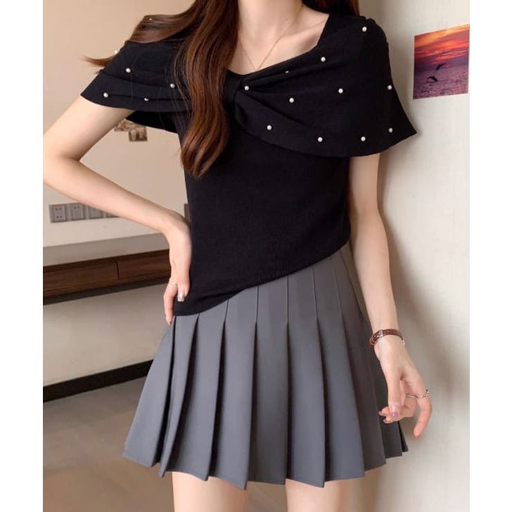 ブラック | オフショルリボンパール半袖ニット 2色 トップス | kirakiraShop 