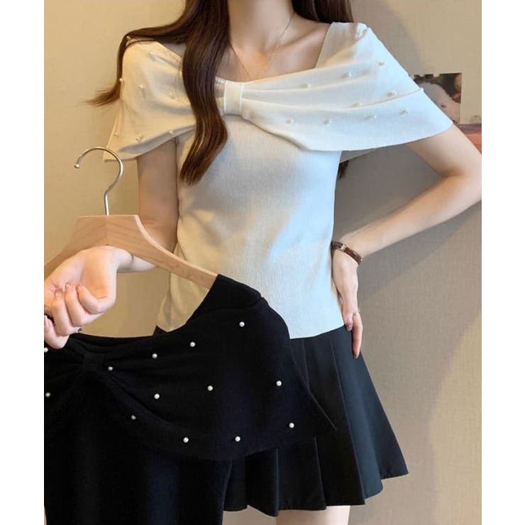 オフショルリボンパール半袖ニット 2色 トップス | kirakiraShop  | 詳細画像13 