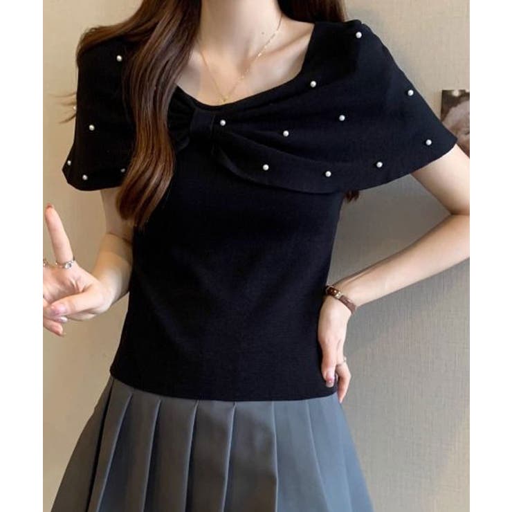 オフショルリボンパール半袖ニット 2色 トップス | kirakiraShop  | 詳細画像4 