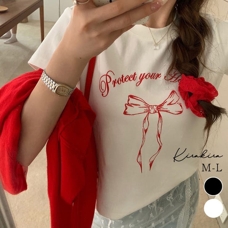 リボンプリントTシャツ トップス フィット | kirakiraShop  | 詳細画像1 