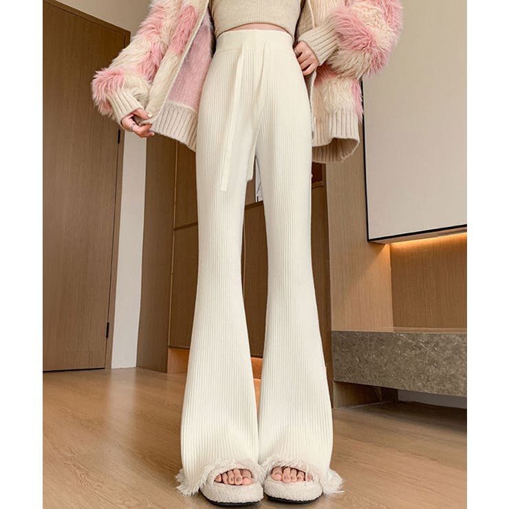 クリーム | 裾フリンジリブパンツ ボトムス フレアパンツ | kirakiraShop 
