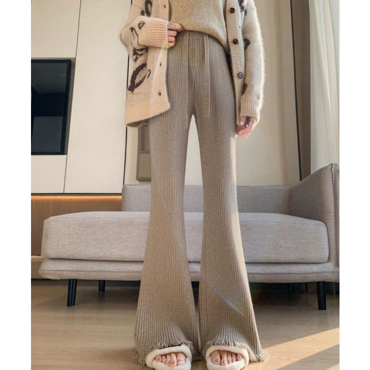 ベージュ | 裾フリンジリブパンツ ボトムス フレアパンツ | kirakiraShop 