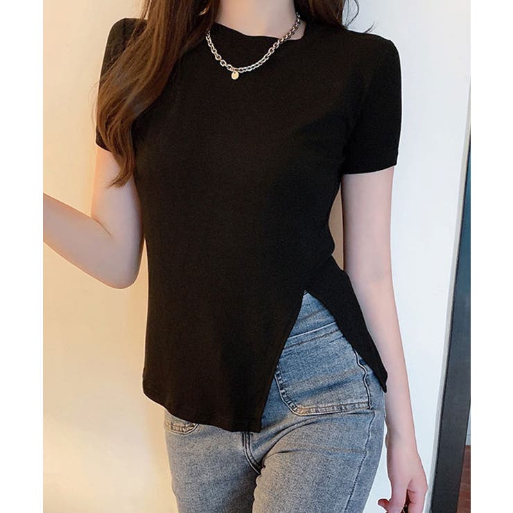 ブラック | サイドスリット半袖Tシャツ トップス 白T | kirakiraShop 