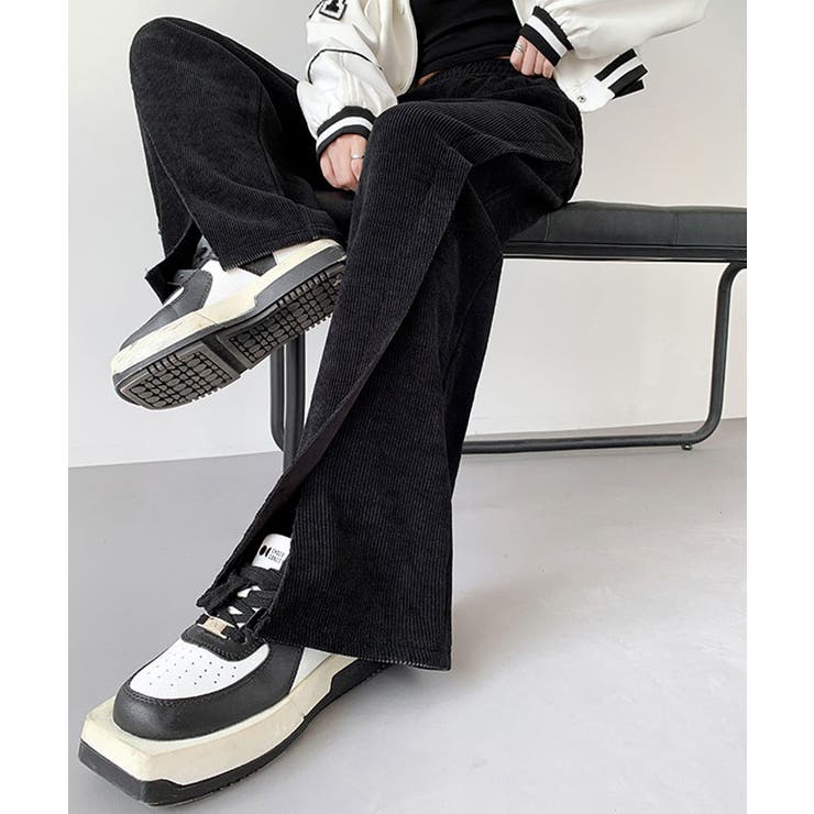 ブラック | 裏起毛コーデュロイフロントスリットパンツ 3サイズ ボトムス | kirakiraShop 