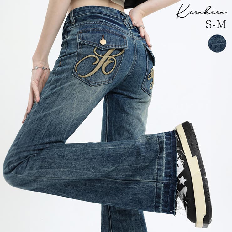 バックロゴ刺繍デニムパンツ フレアデニムパンツ ジーパン | kirakiraShop  | 詳細画像1 