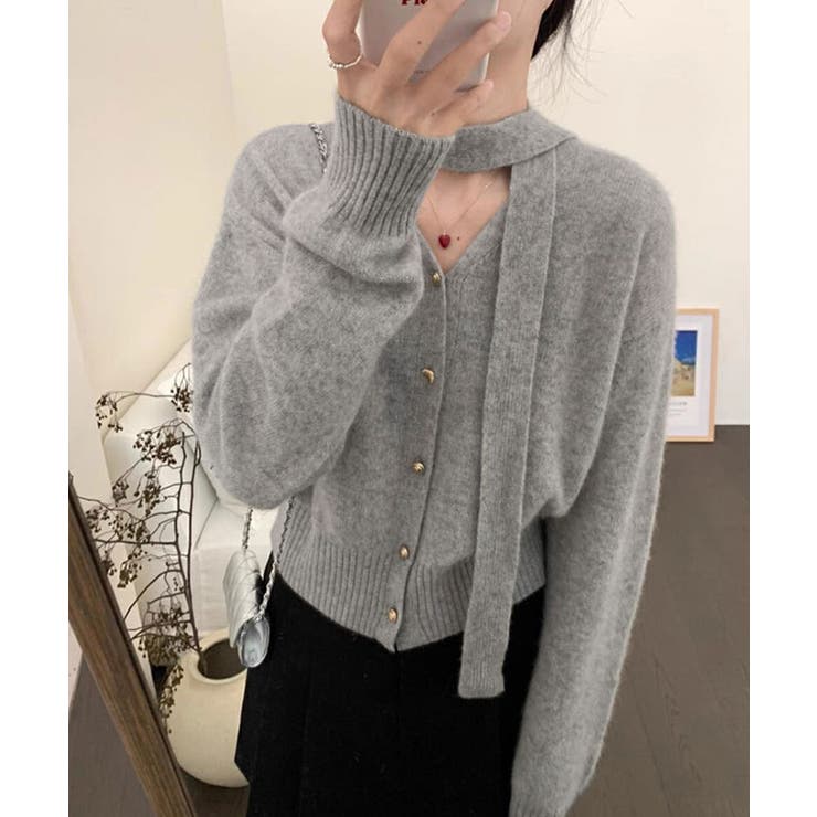 モクグレー | リボンタイVネックカーディガン トップス カーディガン | kirakiraShop 