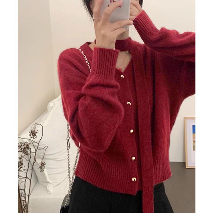 ワイン | リボンタイVネックカーディガン トップス カーディガン | kirakiraShop 