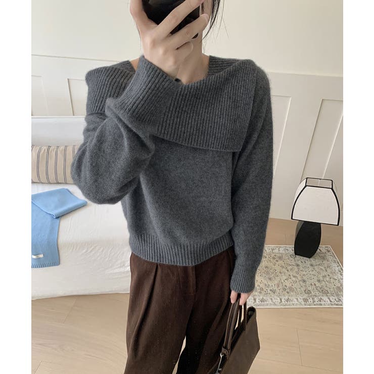 アシンメトリーネックデザインニットプルオーバー トップス ニット | kirakiraShop  | 詳細画像12 