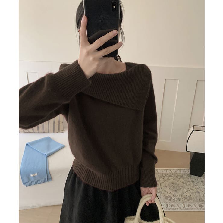 アシンメトリーネックデザインニットプルオーバー トップス ニット | kirakiraShop  | 詳細画像14 