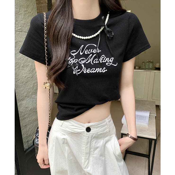 ブラック | パールリボンプリントTシャツ トップス フィット | kirakiraShop 