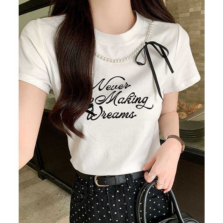 ホワイト | パールリボンプリントTシャツ トップス フィット | kirakiraShop 