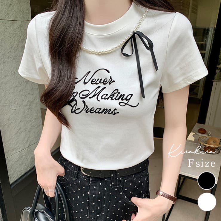 パールリボンプリントTシャツ トップス フィット | kirakiraShop  | 詳細画像1 