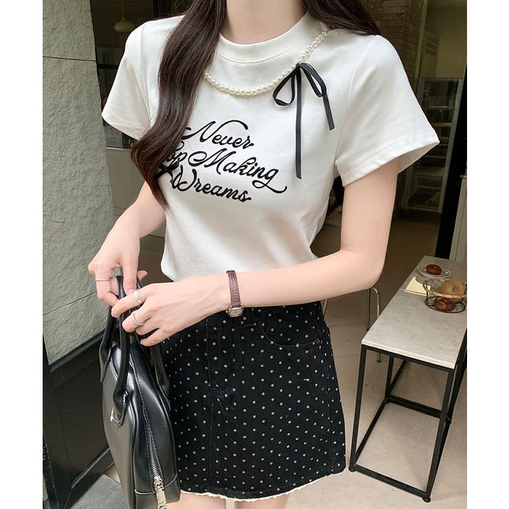 パールリボンプリントTシャツ トップス フィット | kirakiraShop  | 詳細画像12 