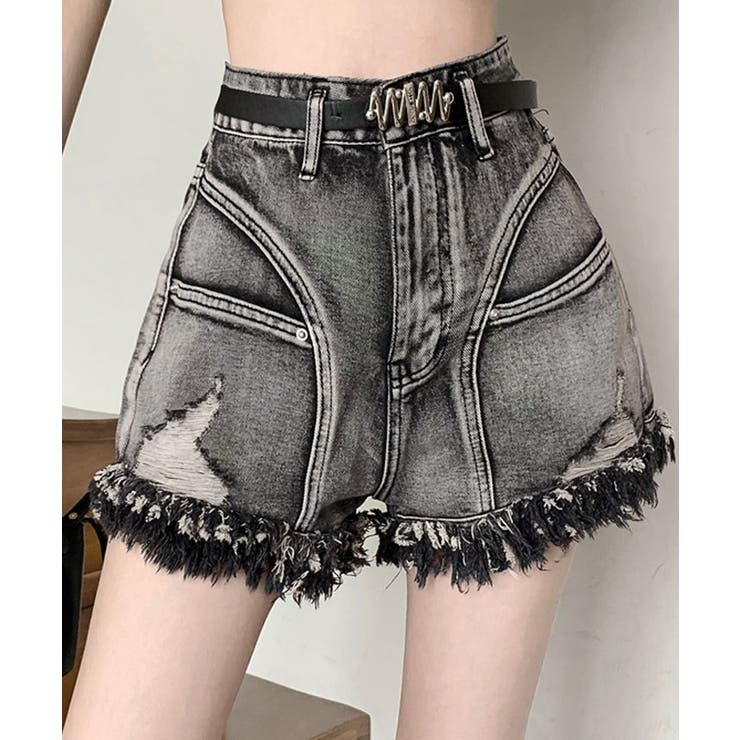 ブラック | ベルト付きダメージデニムショートパンツ ボトムス ハーフパンツ | kirakiraShop 